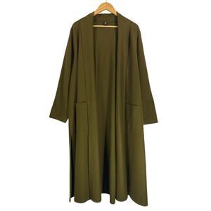 Eileen Fisher Olive Green Boiled Wool High Collar Long Open Front Coat Jacket 2X